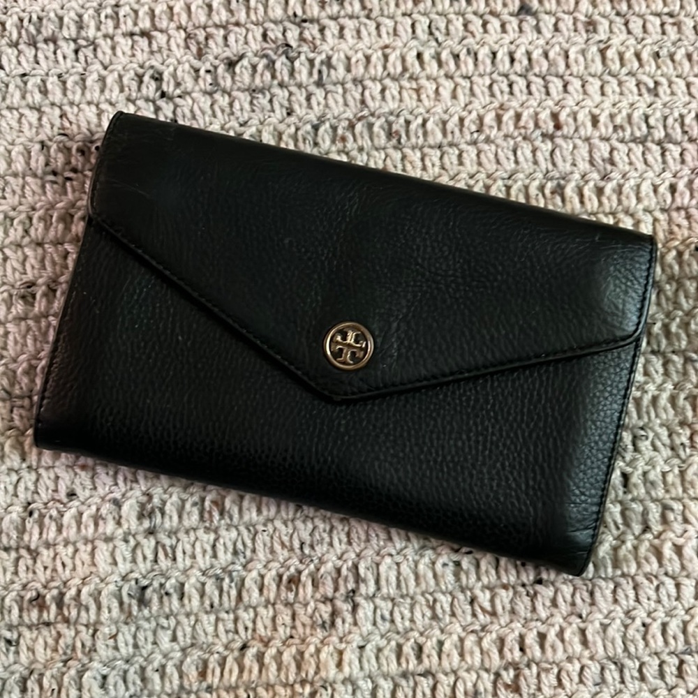 Tori Burch Crossbody Wallet Clutch Black Pebble Leather